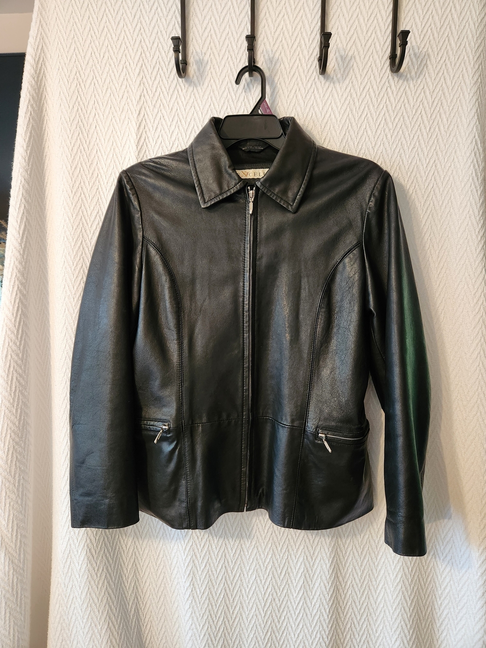 Women's Black Leather Zip-Up Jacket by EXCELLED Size LARGE